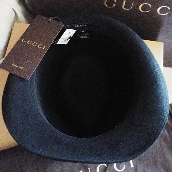 Gucci Rabbit Felt and Leather Fedora Hat in Black with Gold Horsebit, Sz Med NWT - Picture 5 of 5